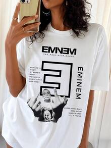 E-EminemS Graphic Retro Hip-Hop Rapper Crew Neck T-Shirt, Casual White Short-Sleeved Top For Fans - White - View 1