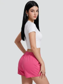 KyrLssu 弹性腰带抽绳休闲短裤，带侧袋 - 玫紅色 - 查看 2