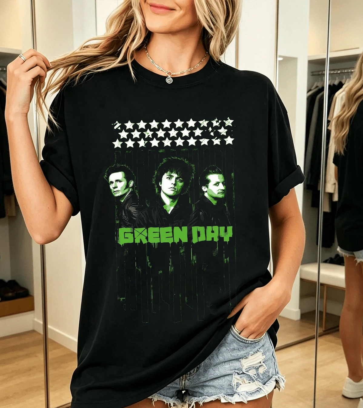 Green Days Women's T-Shirt 100% Cotton Punk Rock Flag Trendss - Black - View 1