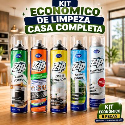 Kit Limpa Estofados + Limpa Forno + Espuma Desengordurante + Limpa Vidros + Desinfetante Zip Clean Limpeza Sofá Carpete Tapete Banco E Teto De Carro, Limpeza De Forno Fogão Coifa Azulejo Vidros Box Janelas Vitrines Desinfetante Spray e Mais