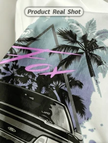 Women's Summer Casual Soft Round Neck Short Sleeve T-Shirt,The Retro Car Print Graphic Fits Cool Spring And Summer Outfits. - Blanco - Ver 3