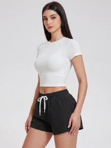 KyrLssu Elastic Waist Drawstring Casual Shorts With Side Pockets - Black - View 5