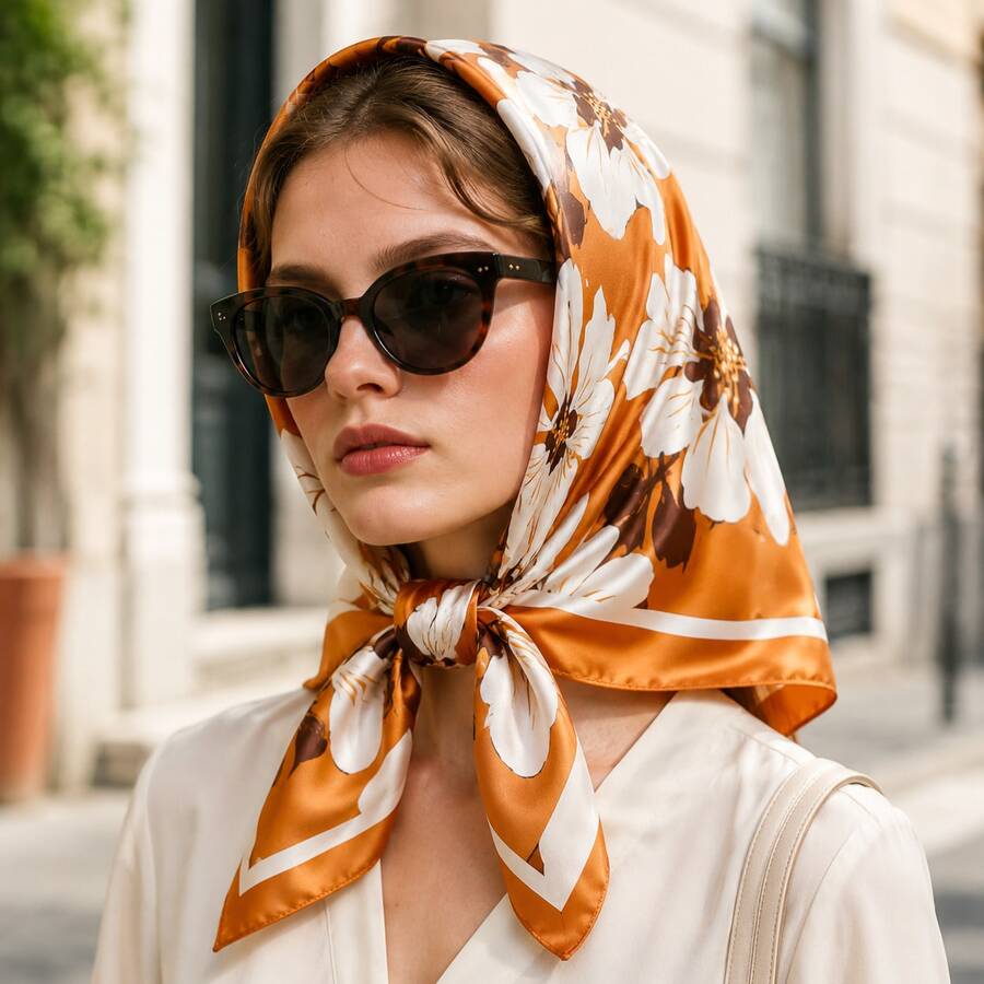 1 chiếc khăn vuông bandana/shawl họa tiết hoa nhiệt đới phong cách casual vintage dễ thương, chất liệu polyester giả lụa, phù hợp cho mọi mùa - Màu xanh lam - Xem 1