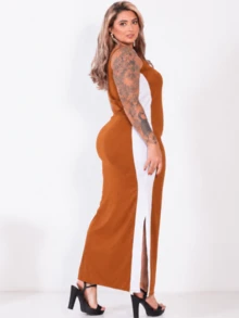 Plus Size Curvy Style Strappy Dress With Side Slit, Ribbed Fabric, Solid Color, Long, Elastane, For Formal Parties And Maternity Wear. - Camel - View 2