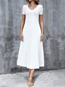 [Pocketless Edition] Qstar White Dress, Women's Large-Sized Long Skirt Summer T-Shirt Dress Casual V-Neck Short Sleeved Long Version Dress Loose Fit , Summer Dress, Casual Soft Dress, Vacation/Beach/Holiday Dress, Summer Date. - trắng - Xem 1