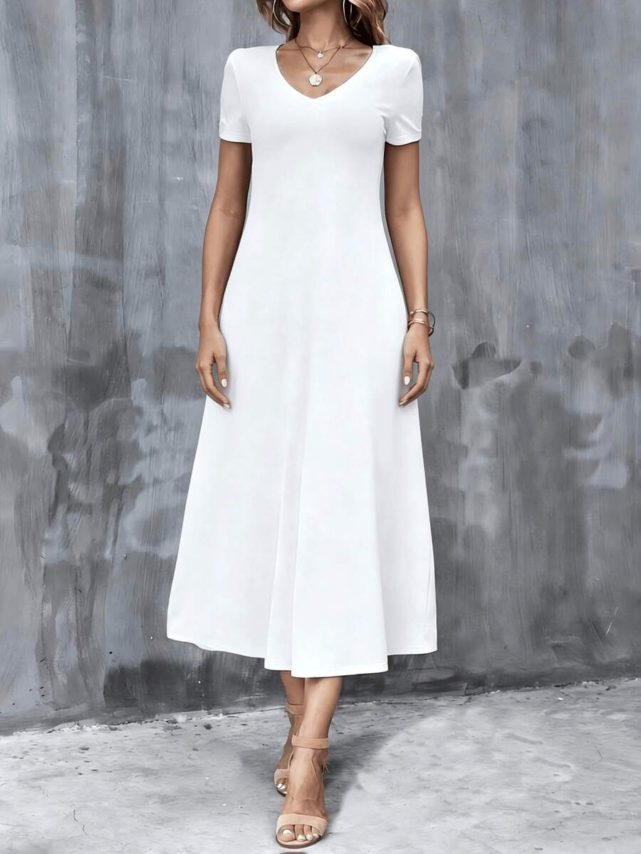 [Pocketless Edition] Qstar White Dress, Women's Large-Sized Long Skirt Summer T-Shirt Dress Casual V-Neck Short Sleeved Long Version Dress Loose Fit , Summer Dress, Casual Soft Dress, Vacation/Beach/Holiday Dress, Summer Date. - trắng - Xem 1