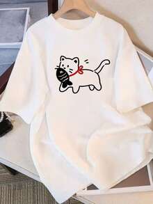 Fashionable Short-Sleeved T-Shirt, Pink Letter-Printed Casual Women's 100% Cotton Top, Women's Clothing - White - View 1