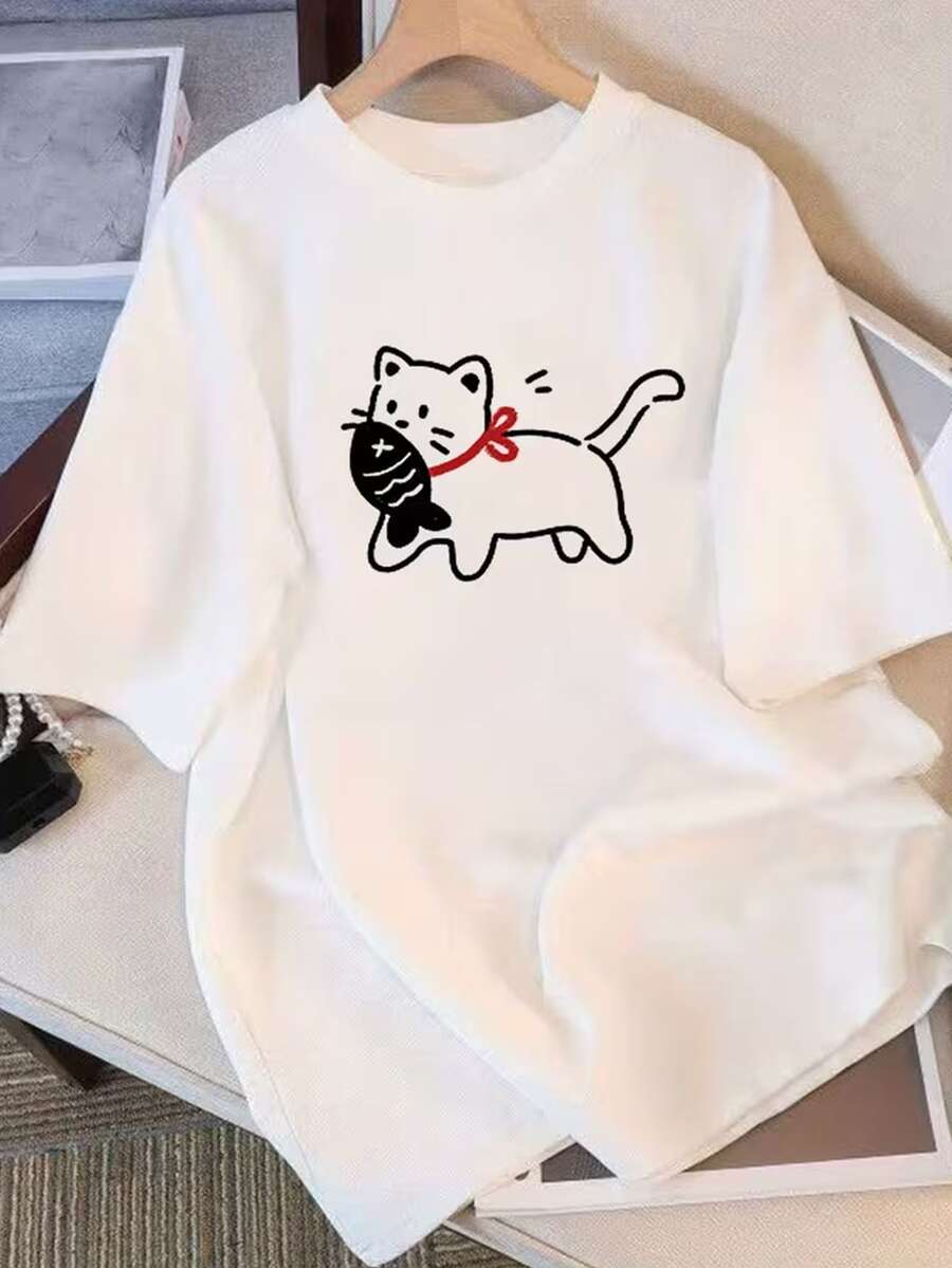Fashionable Short-Sleeved T-Shirt, Pink Letter-Printed Casual Women's 100% Cotton Top, Women's Clothing - White - View 1