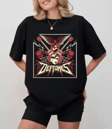 D-DeftonesS Guitar And Devil Print T-Shirt, American Alternative Metal Style, Loose-Fitting Crew Neck T-Shirt - Black - View 10