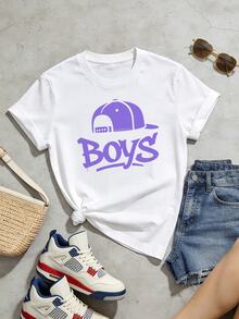 Women's Summer Casual Soft Round Neck Short Sleeve T-Shirt,Purple Boys Cap Print Graphic Suitable For Spring Summer.Black - White - View 5