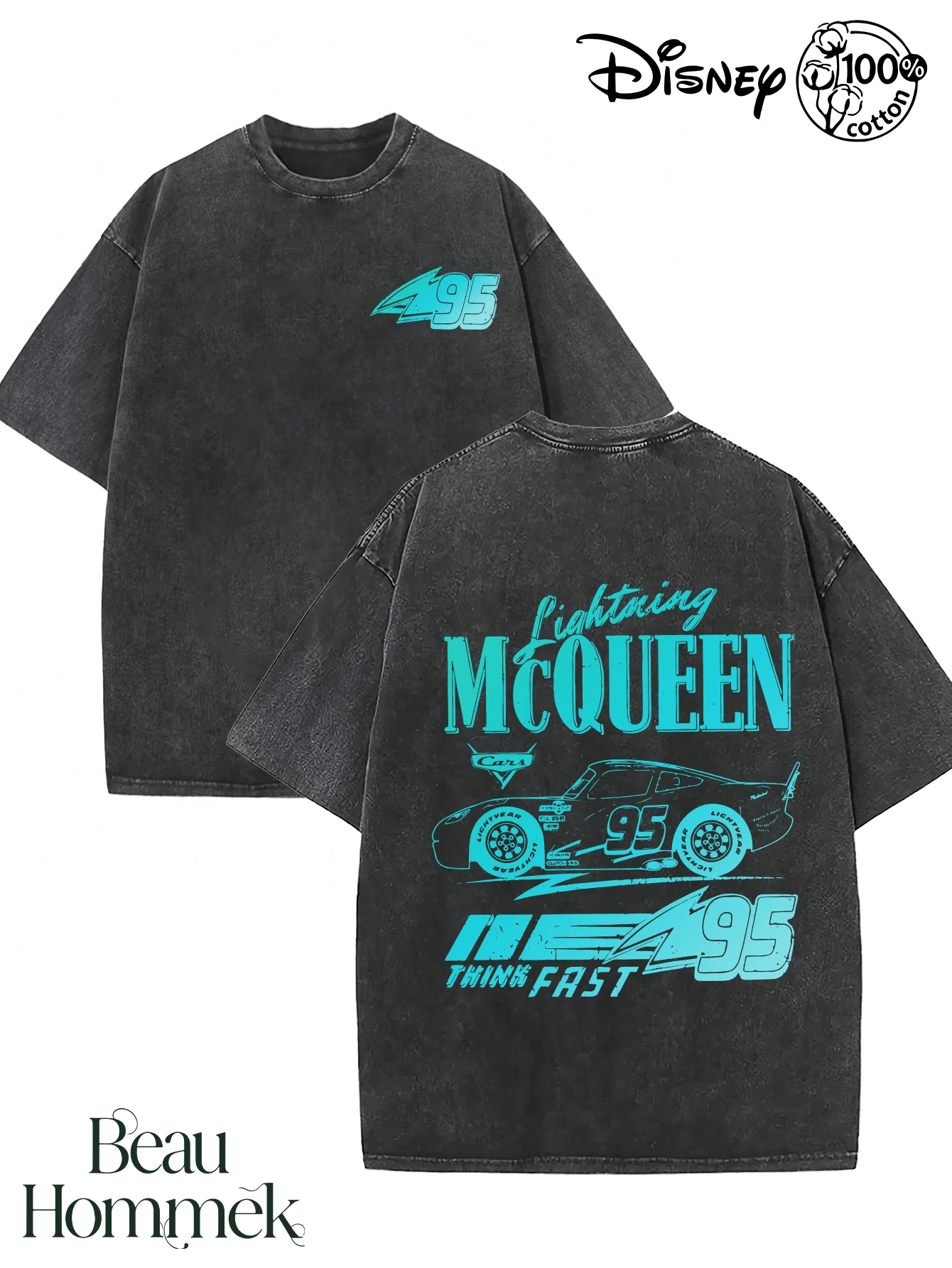 Collaboration Disney : T-shirt homme Cars à imprimé Flash McQueen, col rond et manches courtes, coupe décontractée ! Vêtement d'été pour homme, T-shirt en coton à imprimé graphique, idéal au quotidien, pour les loisirs et le sport. - Noir - Voir 1
