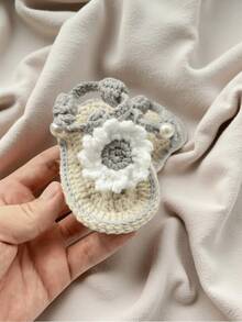 1 Pair Handmade Infant Sandals, Crochet Daisy Flower Design, Yellow & White, Pearl Button Detail - Light Grey - View 2