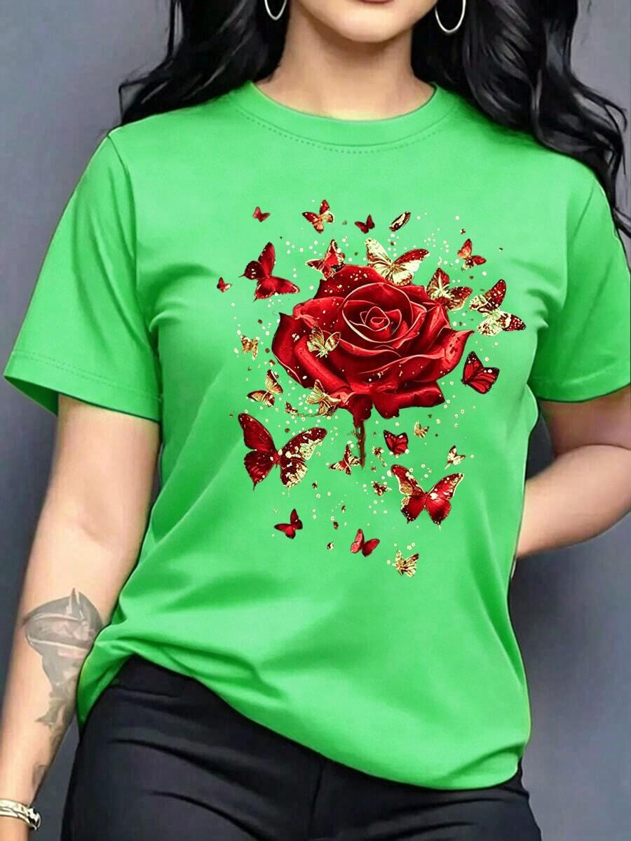 Women's Graphic T-Shirt, Short Sleeve, Round Neck, Basic, Comfortable, Cool, Lightweight, Regular Fit, Modern, Youthful Print, Roses, Flowers, 3D Glitter, Butterfly, Insects - 綠色的 - 查看 1