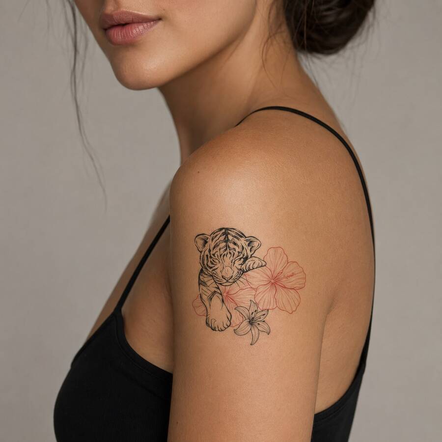 1pc Waterproof & Smudge-Proof Temporary Tattoo Sticker, PVC Realistic Laughing Tiger & Floral Design, Suitable For Daily Use - Grey - View 1