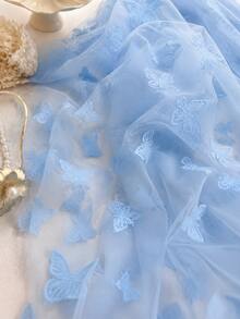 HHMC 50cm / 1yd / 3yd / 5yd Soft Sky Blue Transparent Tulle Fabric – 3D Hollow Butterfly Embroidery All-Over Pattern – Lightweight Breathable Semi-Transparent Mesh Texture – Suitable For Fairy Layered Sun Dresses, Baptism Ceremony Decor - 1 - View 9
