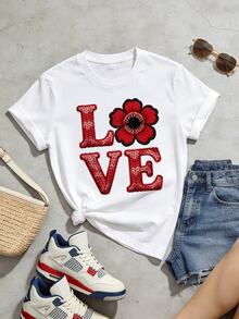 Vintage Damen Sommer Lässig Weiches Rundhals Kurzarm T-Shirt, Liebe Blumen Muster Grafik, Geeignet für Frühling und Sommer Tragen. Schwarzes Sommer Top - Weiss - Übersicht 5