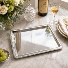 1pc Silver Metal Serving Tray, Decorative Rectangular Footstool Tray With Embossed Geometric Pattern, Mirror Finished Display Tray, Suitable For Coffee Table, Ramadan, Eid, Wedding And Home Decor - View 9