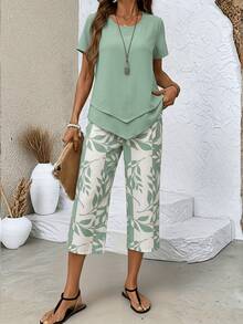 Women's Two-Piece Summer Set, Layered Short Sleeved Top And Leaf Printed Straight Leg Cropped Pants, Casual Breathable Casual Suit Set, - Green - View 5