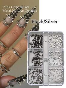 1 Box 6 Grids Y2K Gothic Punk 3D Alloy Nail Spikes, Silver Gun Black Mixed Cone Rivet Studs, Mini Metal Nail Charms For DIY Manicure & Handcraft Decor - Multicolor - View 7