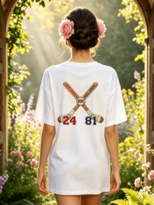 Women's Summer Casual Soft Round Neck Short Sleeve T-Shirt,The Baseball Bat Print Graphic Fits Sporty Spring And Summer Outfits. - Blanco - Ver 4