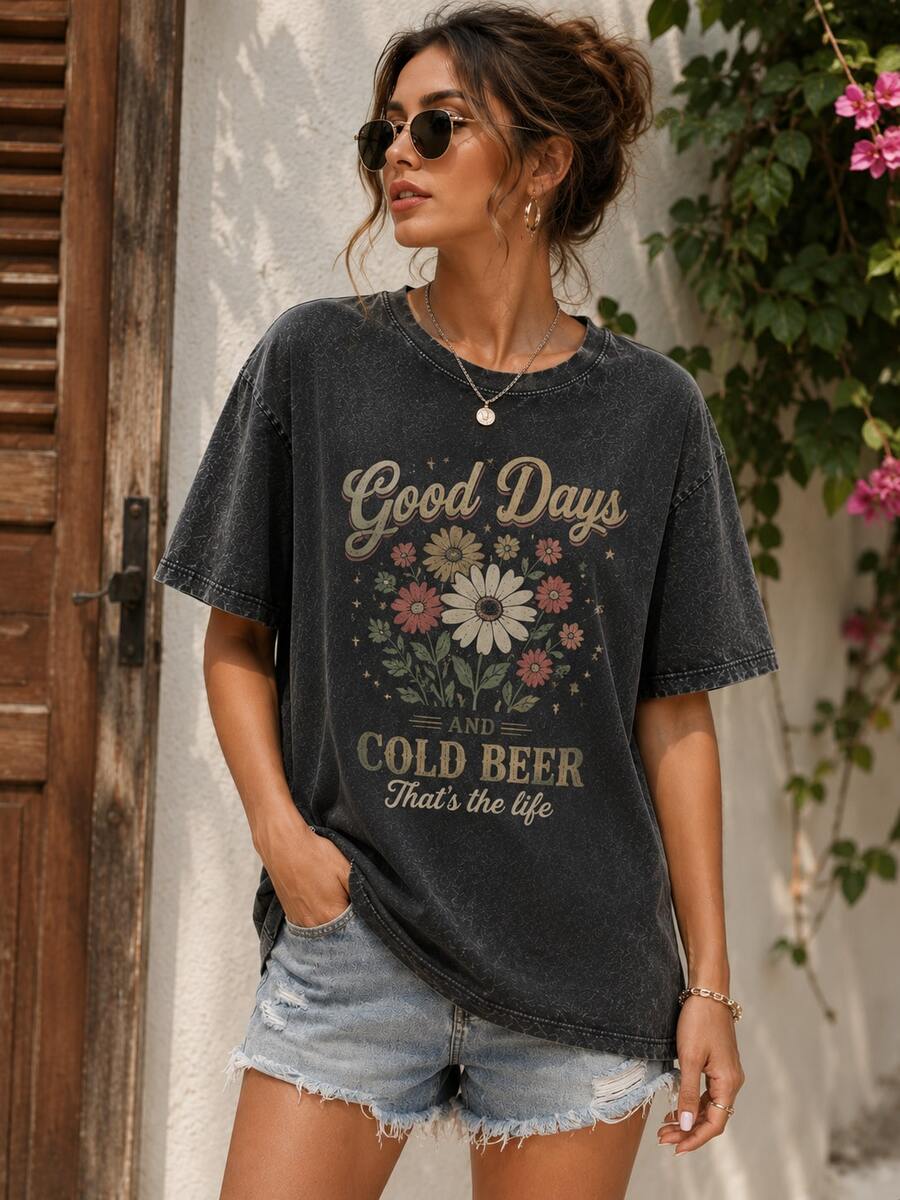 SummerGLEC Needs A Beer! This Retro Street Style T-Shirt Is A Classic Retro Fashion Casual Mountain Lion Popular Letter Pattern Print, Made Of 230g Wa - 黑3 - 查看 1