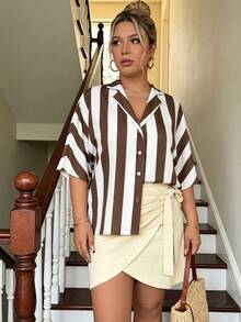 Plus Size Women's Casual Loose Fashion Versatile Simple Coffee Brown Striped Shirt, Women's Leisure Top, Resort Wear - Brown - View 4