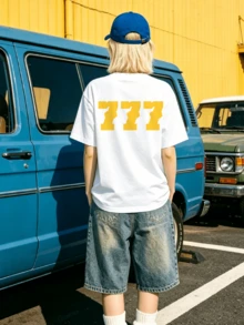 Women's Summer Casual Soft Round Neck Short Sleeve T-Shirt,The Yellow 777 Lucky Number Print Graphic Fits Spring And Summer Casual Wear. - Blanco - Ver 2