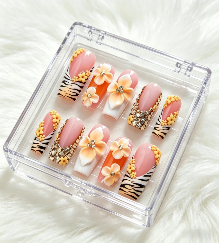 NailLuxe 10 PCS 100% Handmade Reusable Acrylic Square Press-On Nails | Nude Pink & Orange Zebra Print 3D Flower & Rhinestone Bangle Style With Nude Pink, Orange & White Bases, 3D Plumeria/Flower & Rhinestone Embellishments - 橘色 - 查看 1