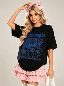 Women's Summer Casual Soft Round Neck Short Sleeve T-Shirt,Blue Mitochondria Science Print Graphic Suitable For Spring Summer.Black - Black - View 4