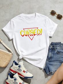 Maglietta estiva casual da donna con collo rotondo morbido e maniche corte, stampa grafica con testo "CURSED!" e fiamme, adatta per primavera ed estate.Nero - Bianco - Visualizzare 5