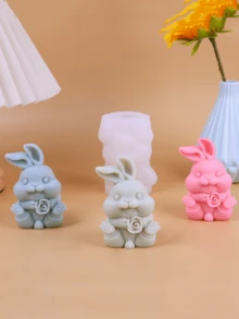 新款 3D 兔子抱花蠟燭矽膠模具，DIY 復活節彩蛋兔子手工蠟/石膏模具 - A-白色 - 查看 5