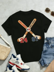 Women's Summer Casual Soft Round Neck Short Sleeve T-Shirt,The Baseball Bat Print Graphic Fits Sporty Spring And Summer Outfits. - Negro - Ver 5