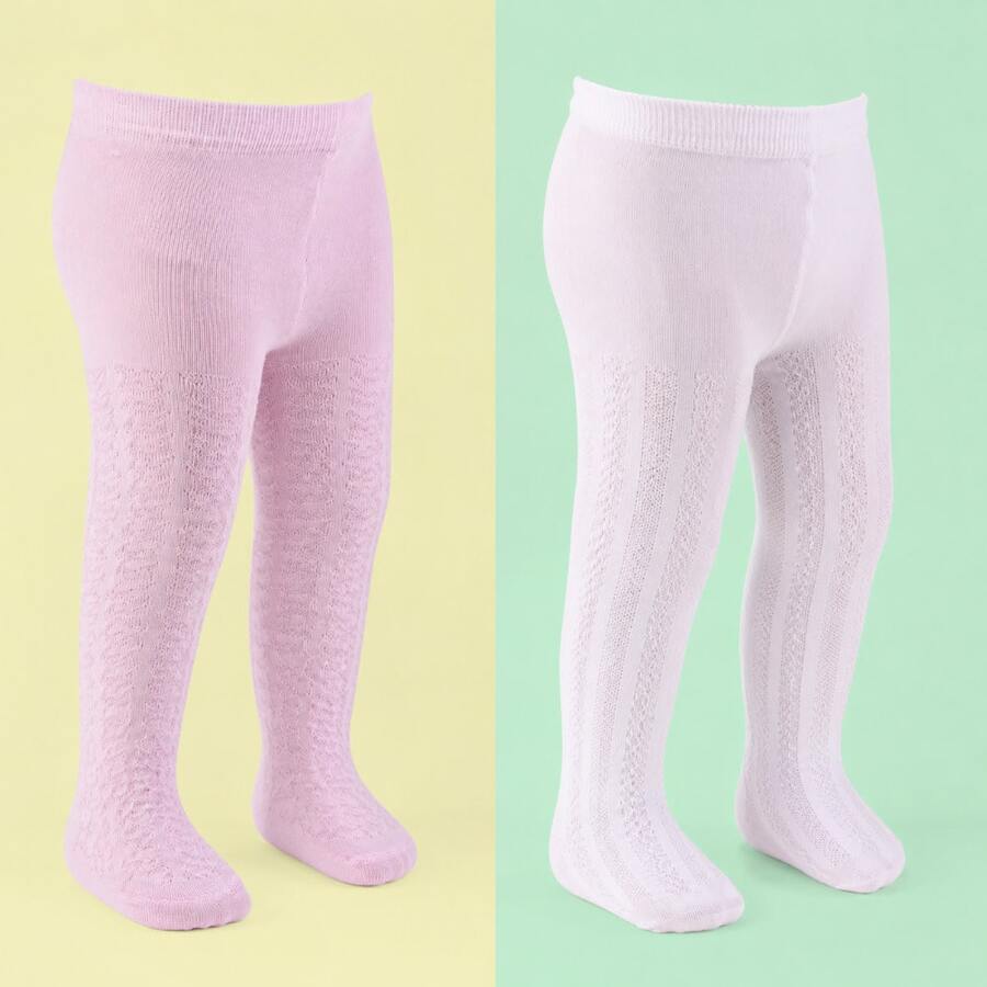 Textured Cotton Tights For Children And Babies, Sizes 0-6, Basic Colors. - Blanco y rosa trabajado - Ver 1