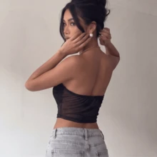 女款性感金屬鈕扣流蘇掛脖露背深V領純色針織布料流蘇金屬鈕扣上衣 黑色 夏季 節慶風 - 黑色 - 查看 5
