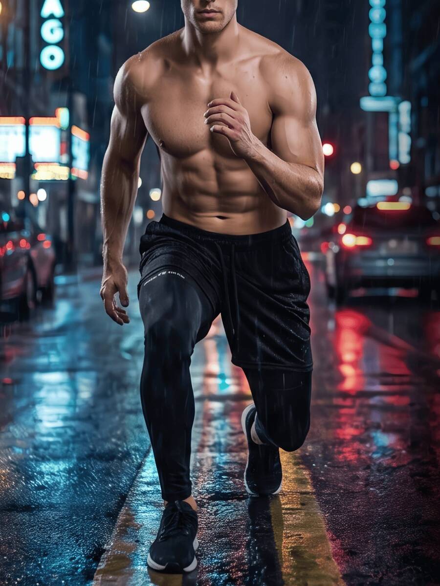 Pantalones cortos deportivos 2 en 1 de malla para hombres con forros de compresión incorporados, pantalones cortos de entrenamiento de gimnasio y carrera con estampado de letras - Negro - Ver 1
