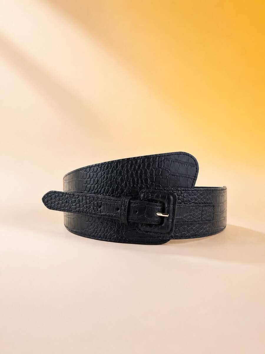 1pc/2pcs Women's Fashion Crocodile Textured Wide Elastic Waist Belt, Suitable For Daily Wear Fall, Autumn, Halloween - màu đen - Xem 1