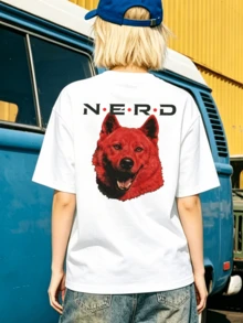 Women's Summer Casual Soft Round Neck Short Sleeve T-Shirt,The Red Wolf NERD Print Graphic Fits Spring And Summer Casual Wear. - Blanco - Ver 4