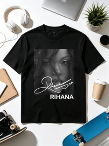 Badgal Riri Signature Portrait. Soft, Loose-Fitting T-Shirt For Everyday Wear. - Black - View 1