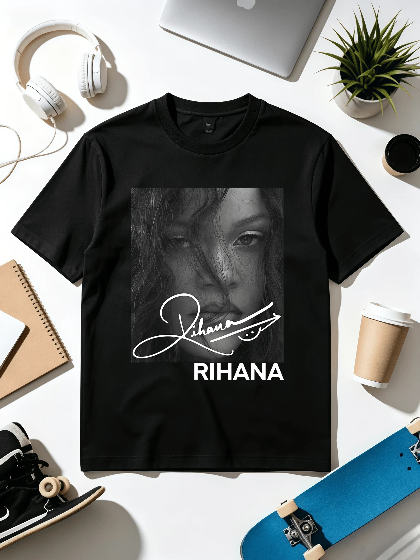Badgal Riri Signature Portrait. Soft, Loose-Fitting T-Shirt For Everyday Wear. - Black - View 1
