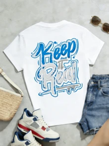 Women's Summer Casual Soft Round Neck Short Sleeve T-Shirt,The Keep It Real Graffiti Print Graphic Fits Casual Spring And Summer Wear. - Blanco - Ver 5