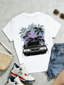 Women's Summer Casual Soft Round Neck Short Sleeve T-Shirt,The Retro Car Print Graphic Fits Cool Spring And Summer Outfits. - Blanco - Ver 5