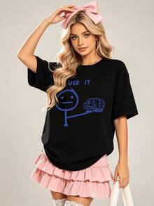 Women's Summer Casual Soft Round Neck Short Sleeve T-Shirt,Blue PLZ USE IT Print Graphic Suitable For Spring Summer.White - Black - View 4