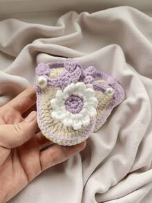 1 Pair Handmade Infant Sandals, Crochet Daisy Flower Design, Yellow & White Color, Pearl Button Detail - Mauve Purple - View 2