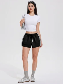 KyrLssu Women's Striped Side Tie Waist Shorts Casual Style - Black - View 6