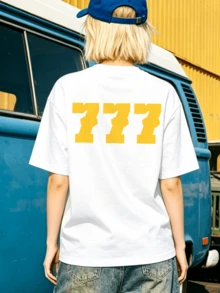 Women's Summer Casual Soft Round Neck Short Sleeve T-Shirt,The Yellow 777 Lucky Number Print Graphic Fits Spring And Summer Casual Wear. - Blanco - Ver 4