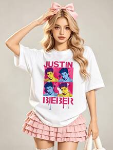 Maglietta estiva casual da donna con scollo rotondo morbido e maniche corte, stampa grafica pop art di rapper star, adatta per primavera ed estate.Bianco - Bianco - Visualizzare 4