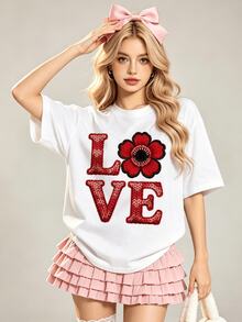 Vintage Damen Sommer Lässig Weiches Rundhals Kurzarm T-Shirt, Liebe Blumen Muster Grafik, Geeignet für Frühling und Sommer Tragen. Schwarzes Sommer Top - Weiss - Übersicht 4