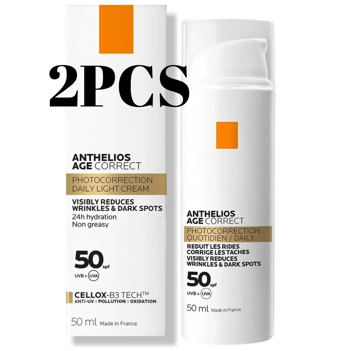 La Roche-Posay 2PCS Anthelios Age Correct Day Cream FPS 50+ - Crema Antiedad con Niacinamida, LHA, Phe Resorcinol y Ácido Hialurónico, Protección Solar para Piel con Signos de Envejecimiento, 50 ml, Regalo Exclusivo para San Valentín 2025, Tops en Productos Antiedad, Ideal para Mujeres y Hombres - 2 piezas - Ver 1