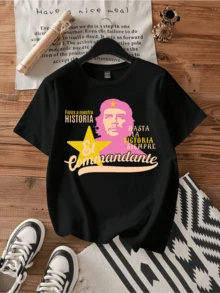 El Commandante Che Guevara Pastel Tee.Vintage Graphic Print Casual Cotton Short Sleeve T-Shirt - Black - View 1