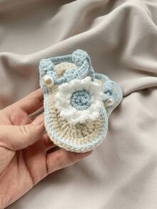 1 Pair Handmade Infant Sandals, Crochet Daisy Flower Design, Yellow & White, Pearl Button Detail - Baby Blue - View 2